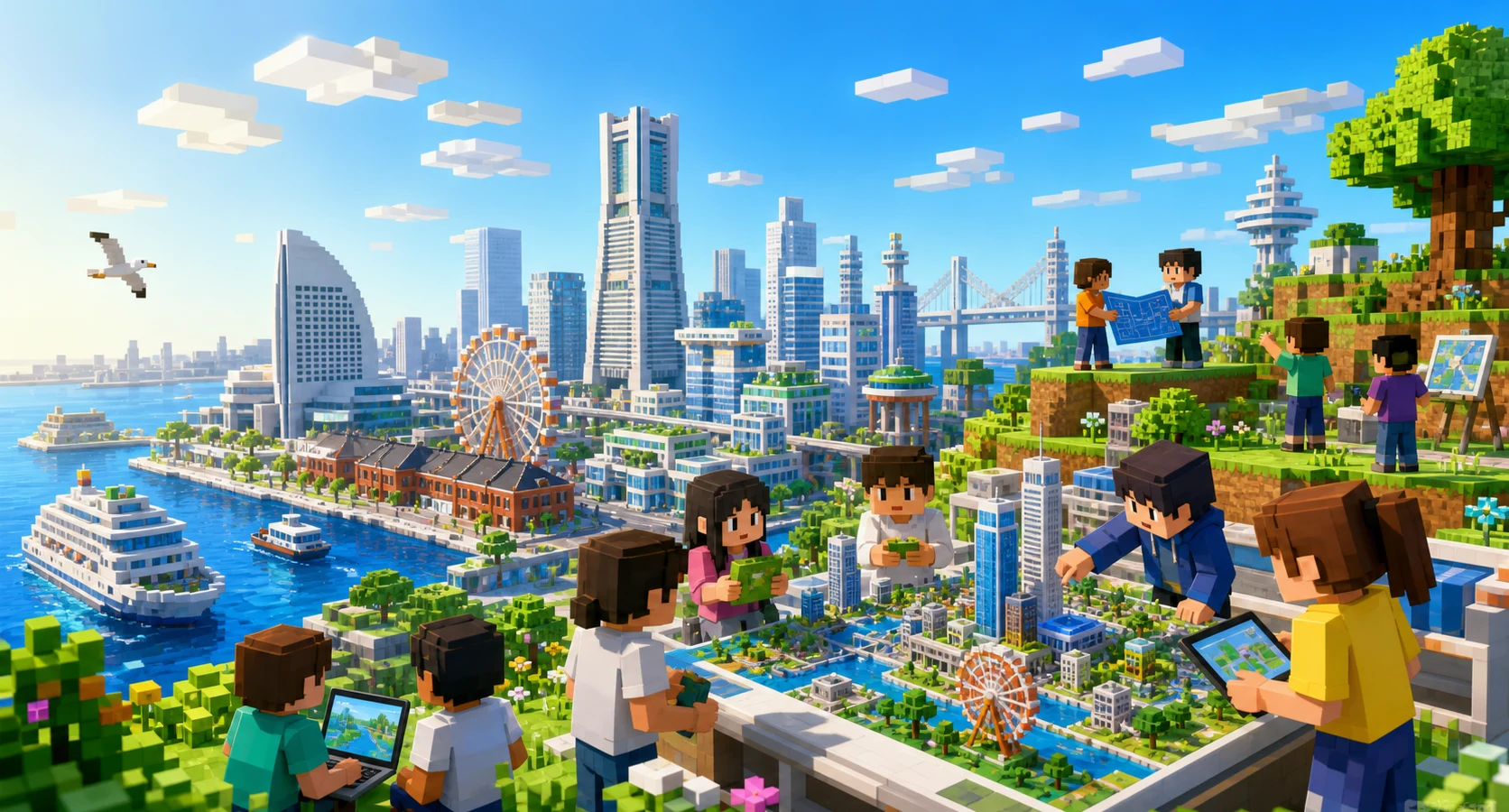 横浜の港を背景に、子どもたちがブロックで未来のまちを作るイメージ